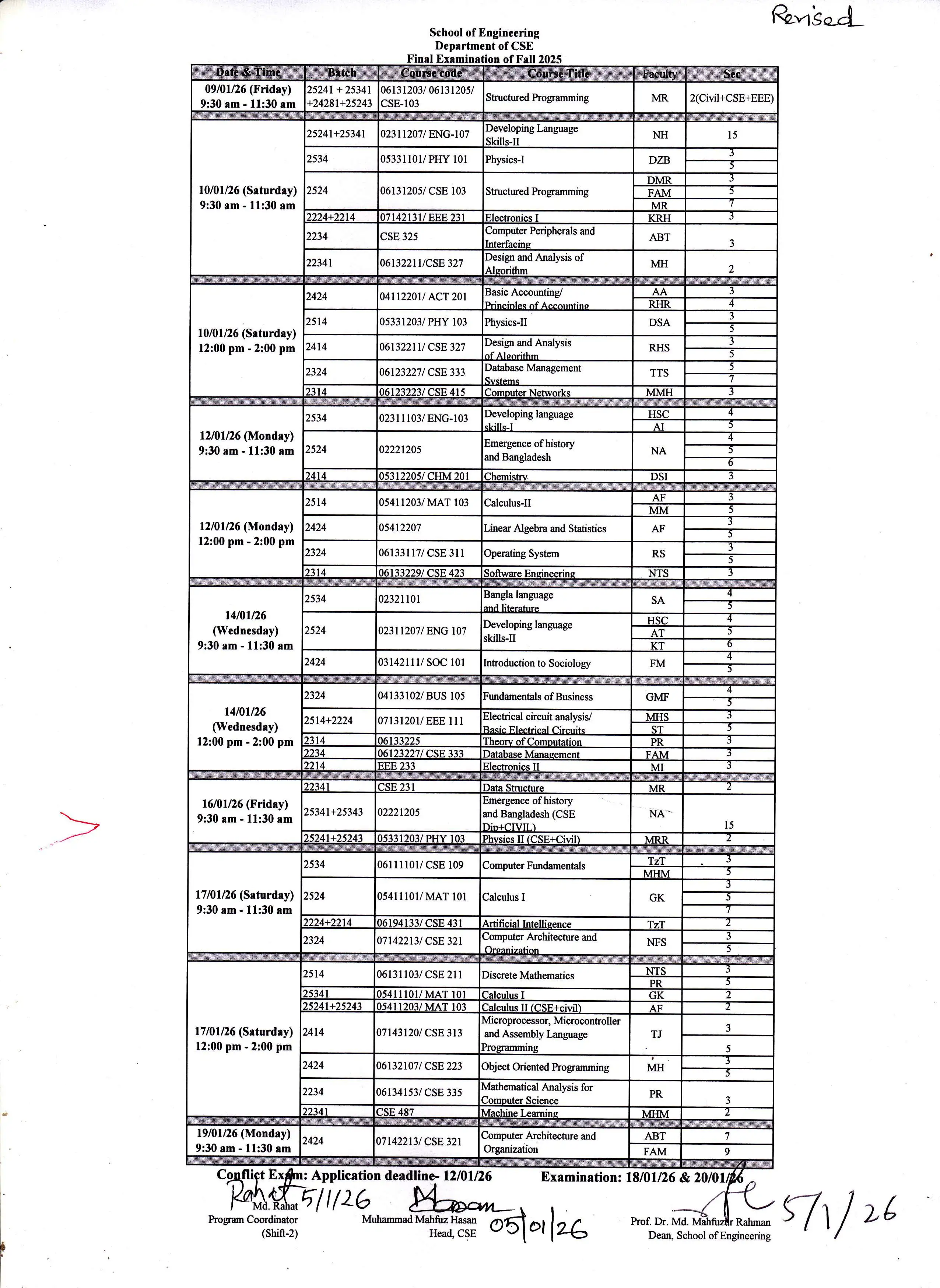 Iut Cse Routine Revised Final Examination Routine of Fall 2025, Department of CSE ...