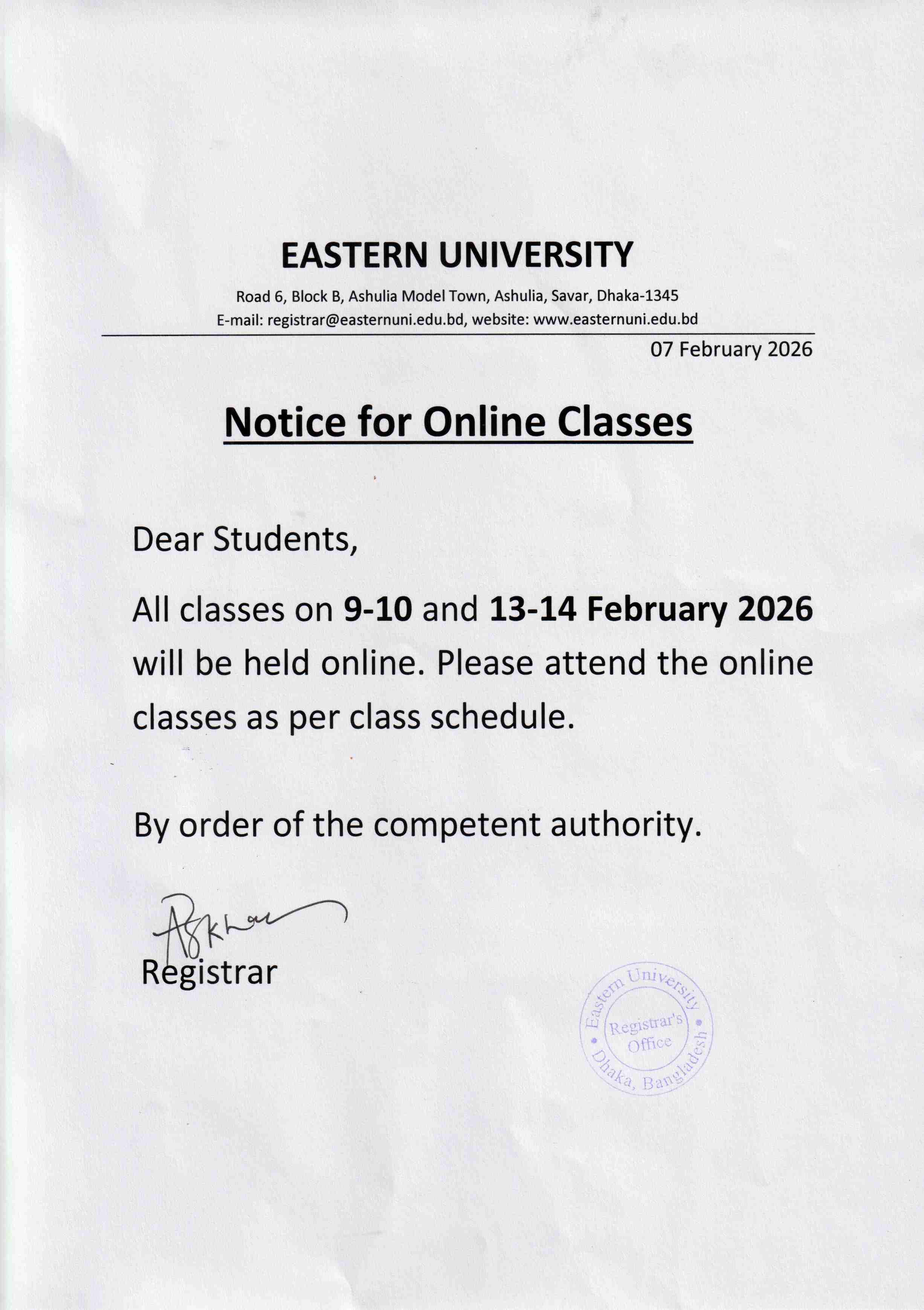 Notice for Online Classes | Notice | Eastern University