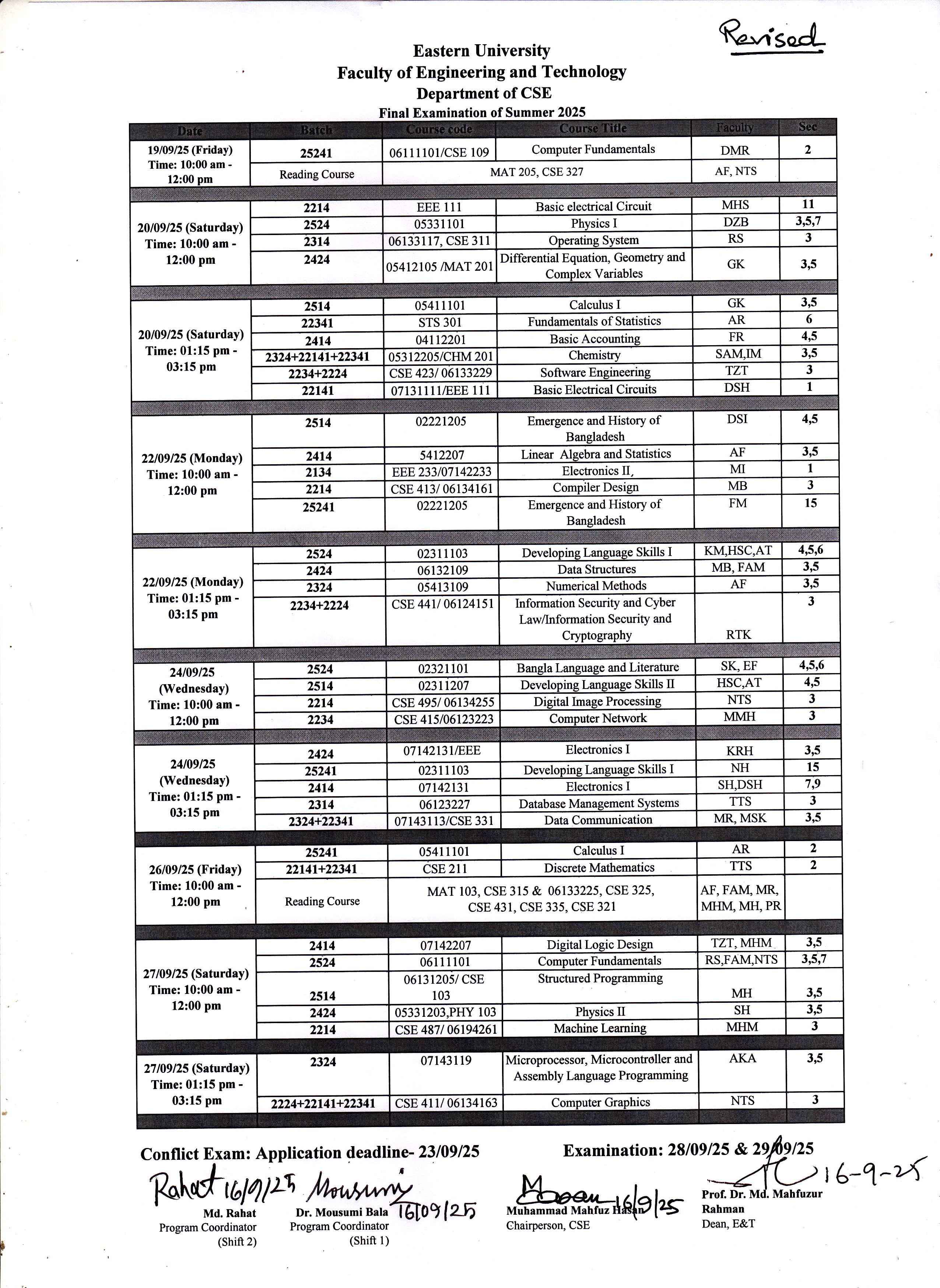 Iut Cse Routine Revised Final Examination Routine of Summer Semester-2025, Department ...